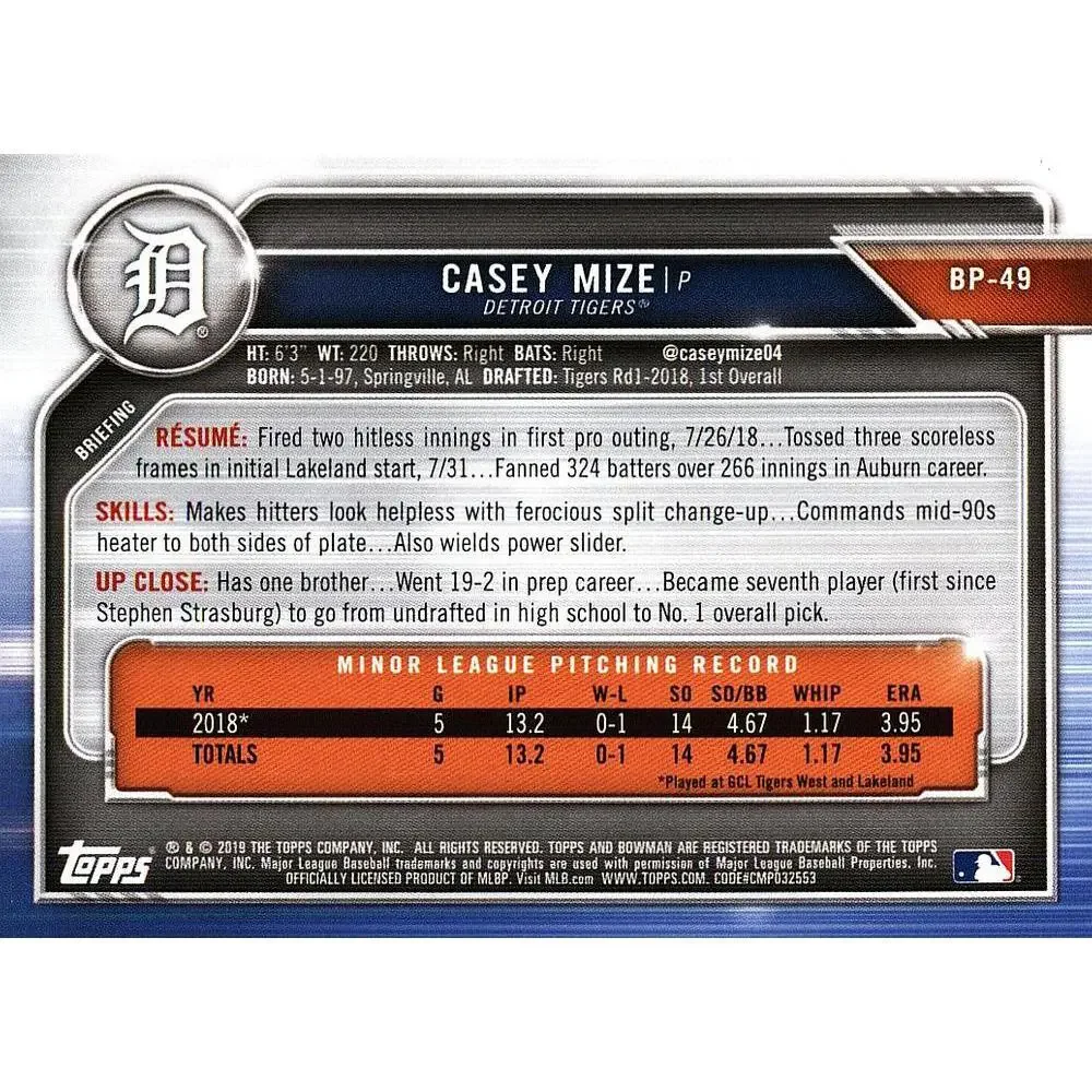 2019 Bowman Prospects Casey Mize #BP-49 Detroit Tigers